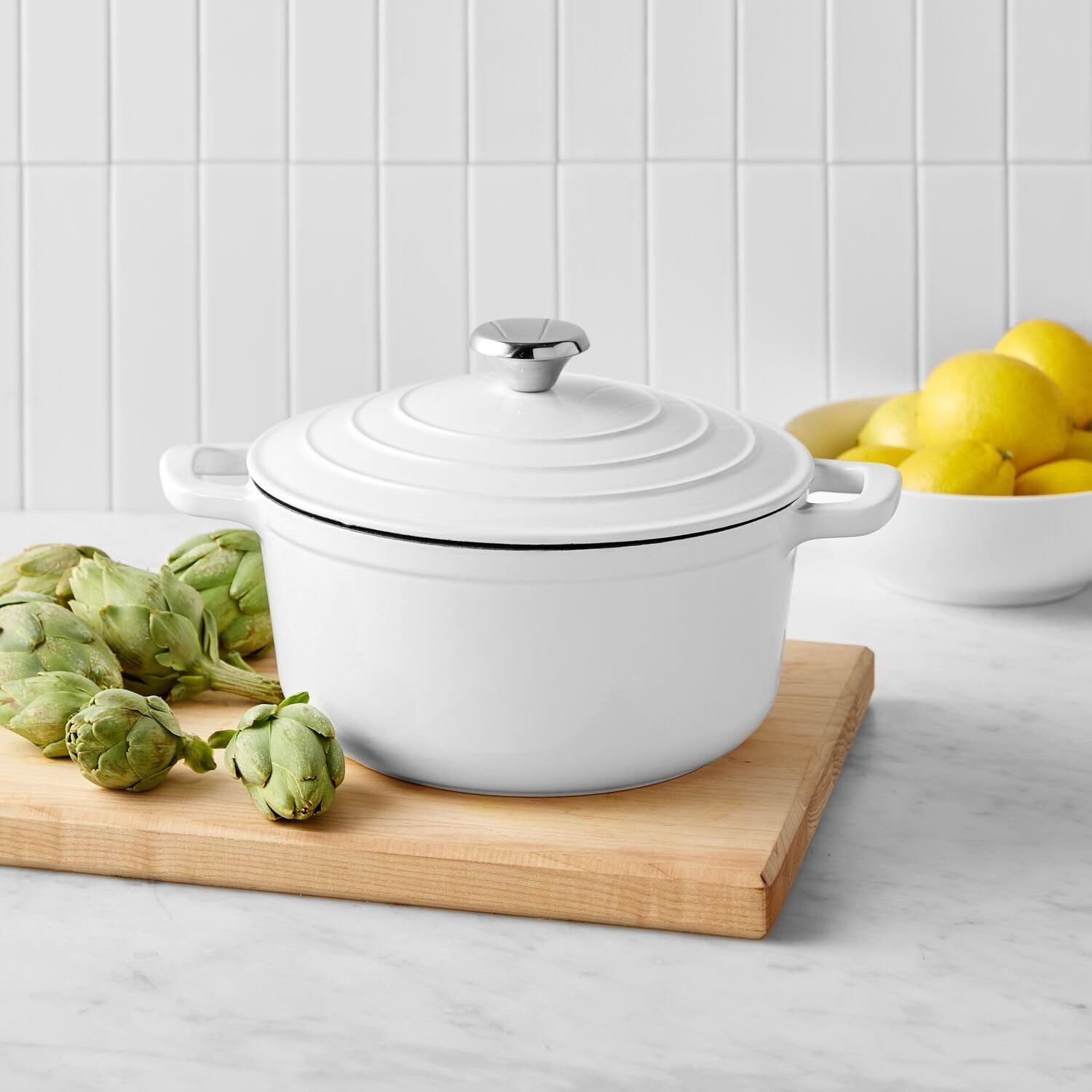 image:imageSur La Table 4Qt Enameled Cast Iron Dutch Oven Oven ampamp Broiler to 500F Induction Compatible with Lid for Braising Baking ampamp Deep Frying Nonstick Interior WhiteWhite