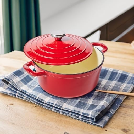 image:imageSur La Table 4Qt Enameled Cast Iron Dutch Oven Oven ampamp Broiler to 500F Induction Compatible with Lid for Braising Baking ampamp Deep Frying Nonstick Interior WhiteRed