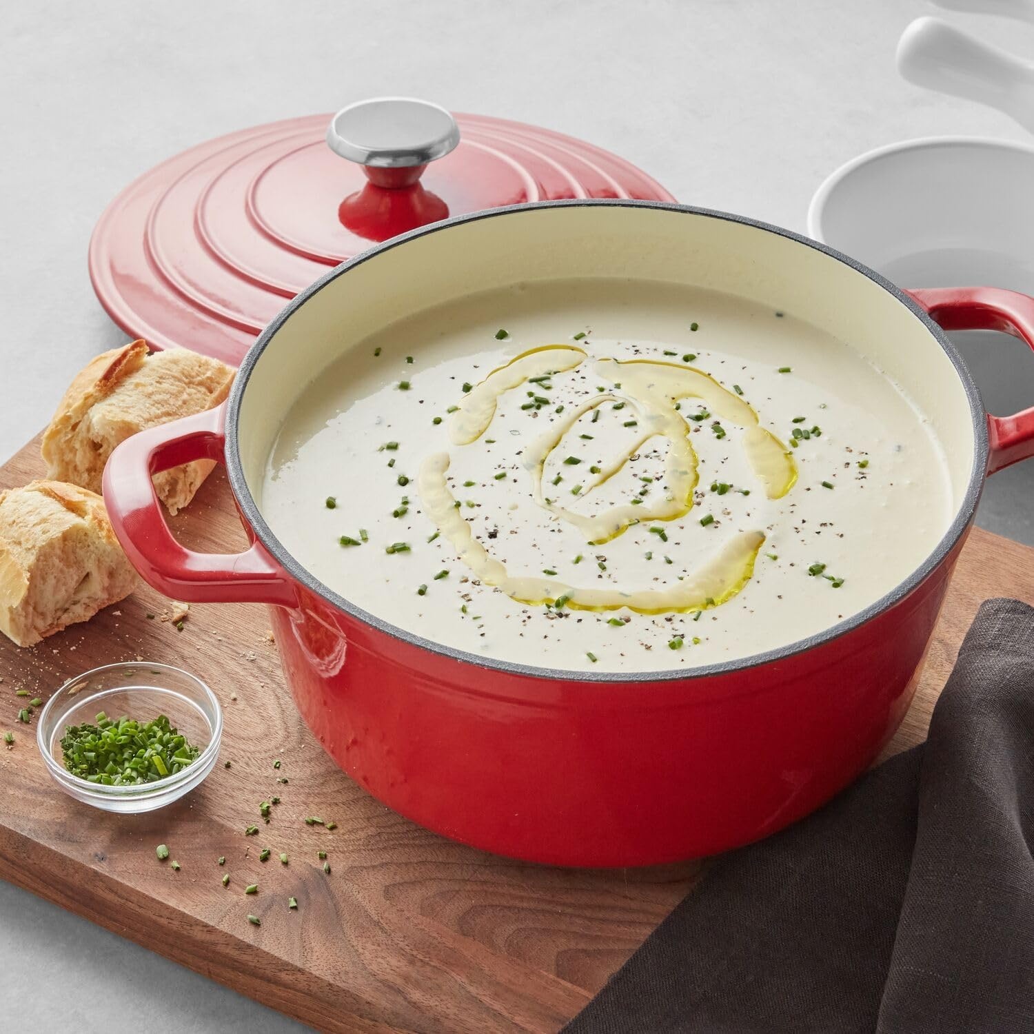 image:imageSur La Table 4Qt Enameled Cast Iron Dutch Oven Oven ampamp Broiler to 500F Induction Compatible with Lid for Braising Baking ampamp Deep Frying Nonstick Interior WhiteRed