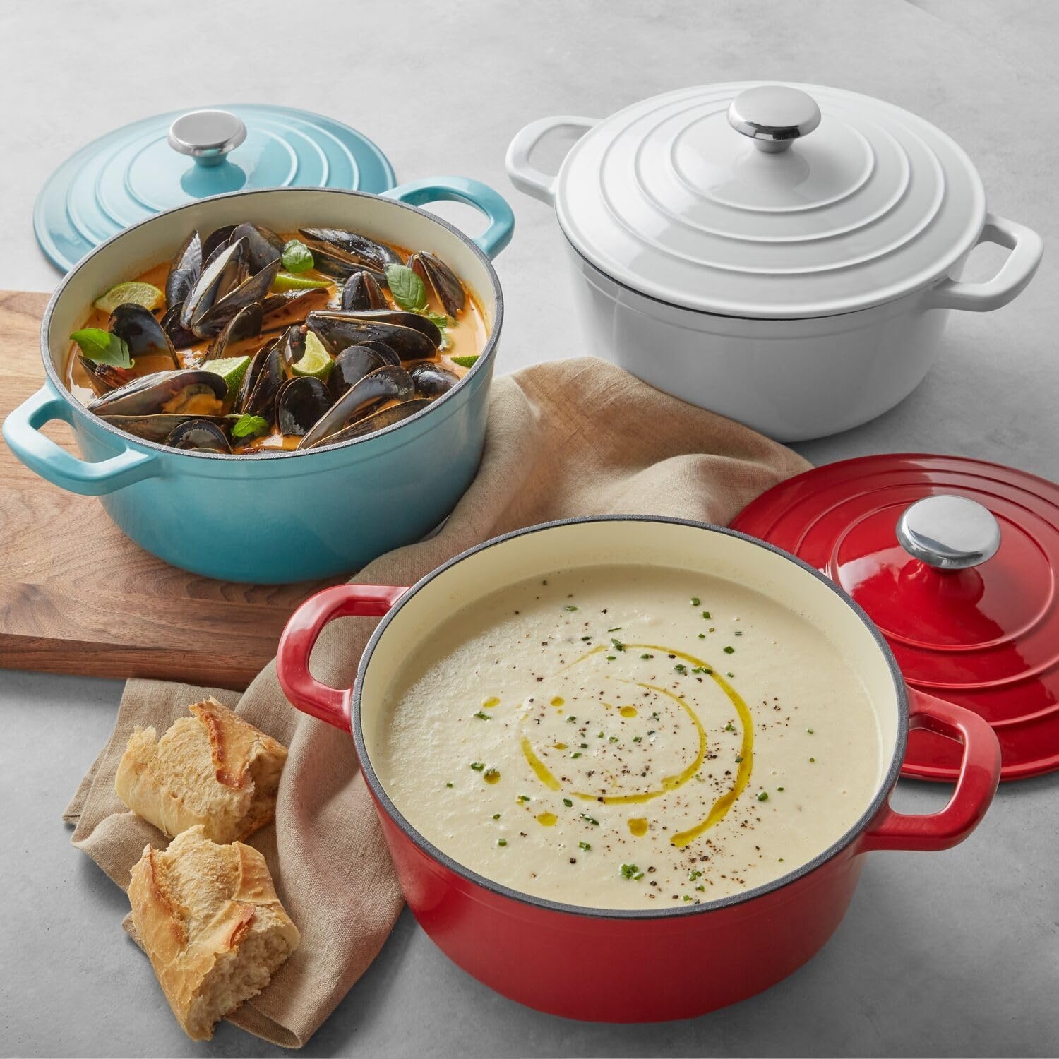image:imageSur La Table 4Qt Enameled Cast Iron Dutch Oven Oven ampamp Broiler to 500F Induction Compatible with Lid for Braising Baking ampamp Deep Frying Nonstick Interior WhiteRed