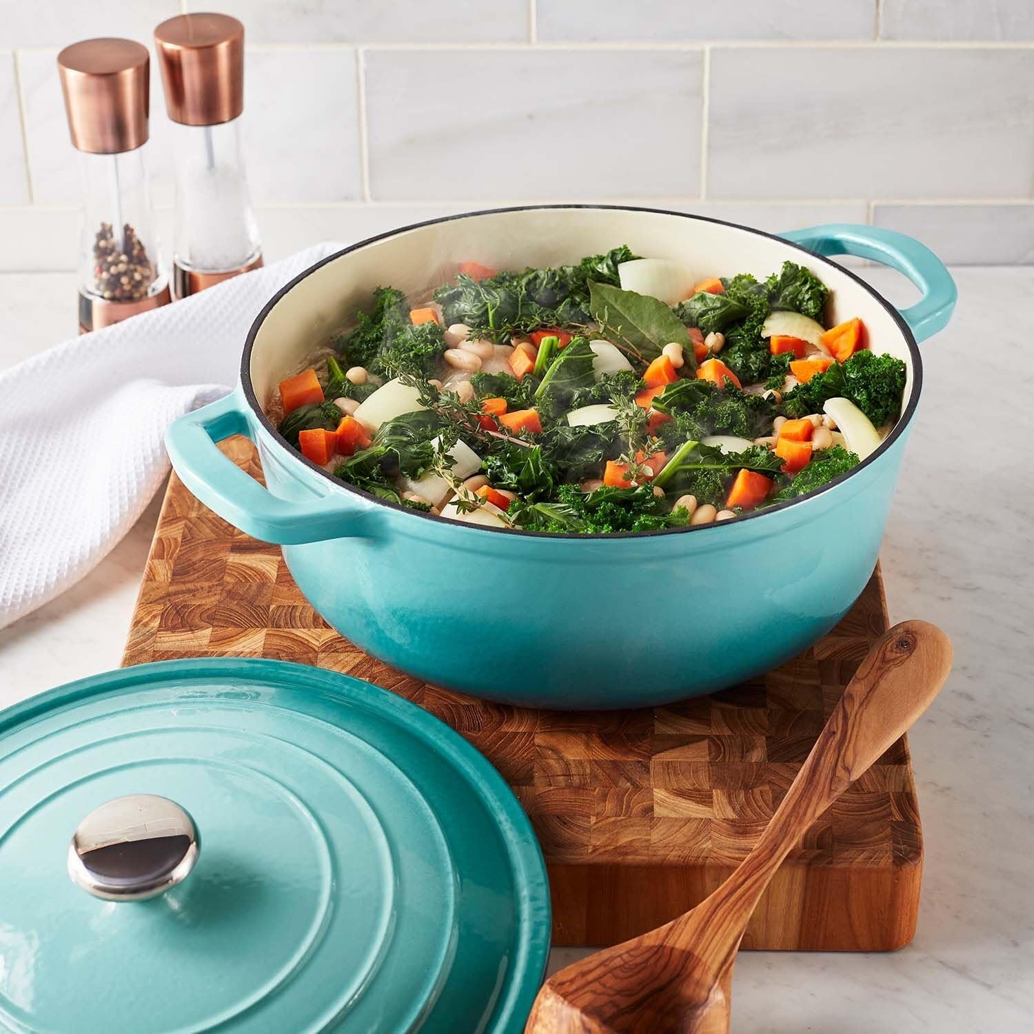image:imageSur La Table 7Qt Enameled Cast Iron Dutch Oven With Lid for Braising Baking ampamp Deep Frying Induction Compatible Oven to 500F Seals in Moisture for Flavorful Results Light TealLight Blue