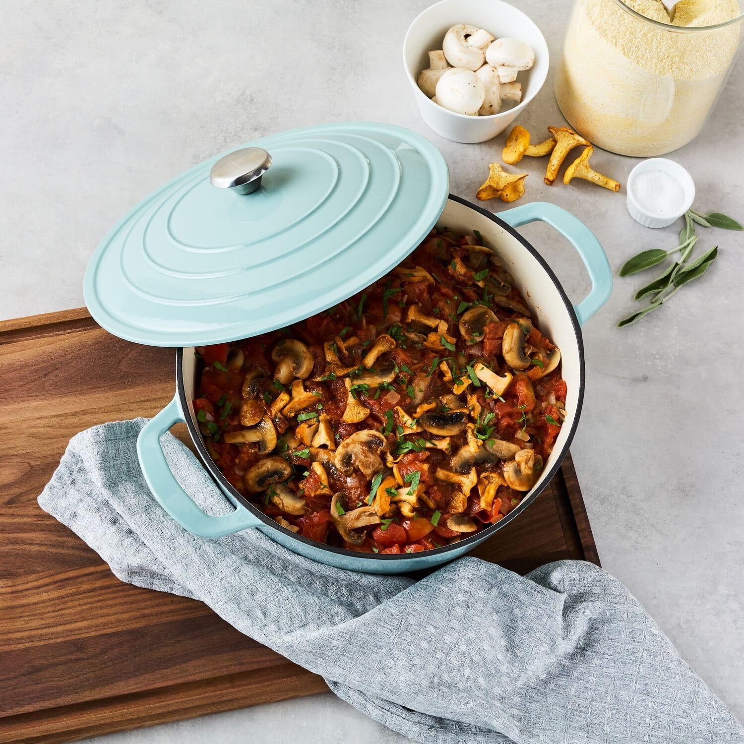 image:imageSur La Table 7Qt Enameled Cast Iron Dutch Oven With Lid for Braising Baking ampamp Deep Frying Induction Compatible Oven to 500F Seals in Moisture for Flavorful Results Light TealLight Teal