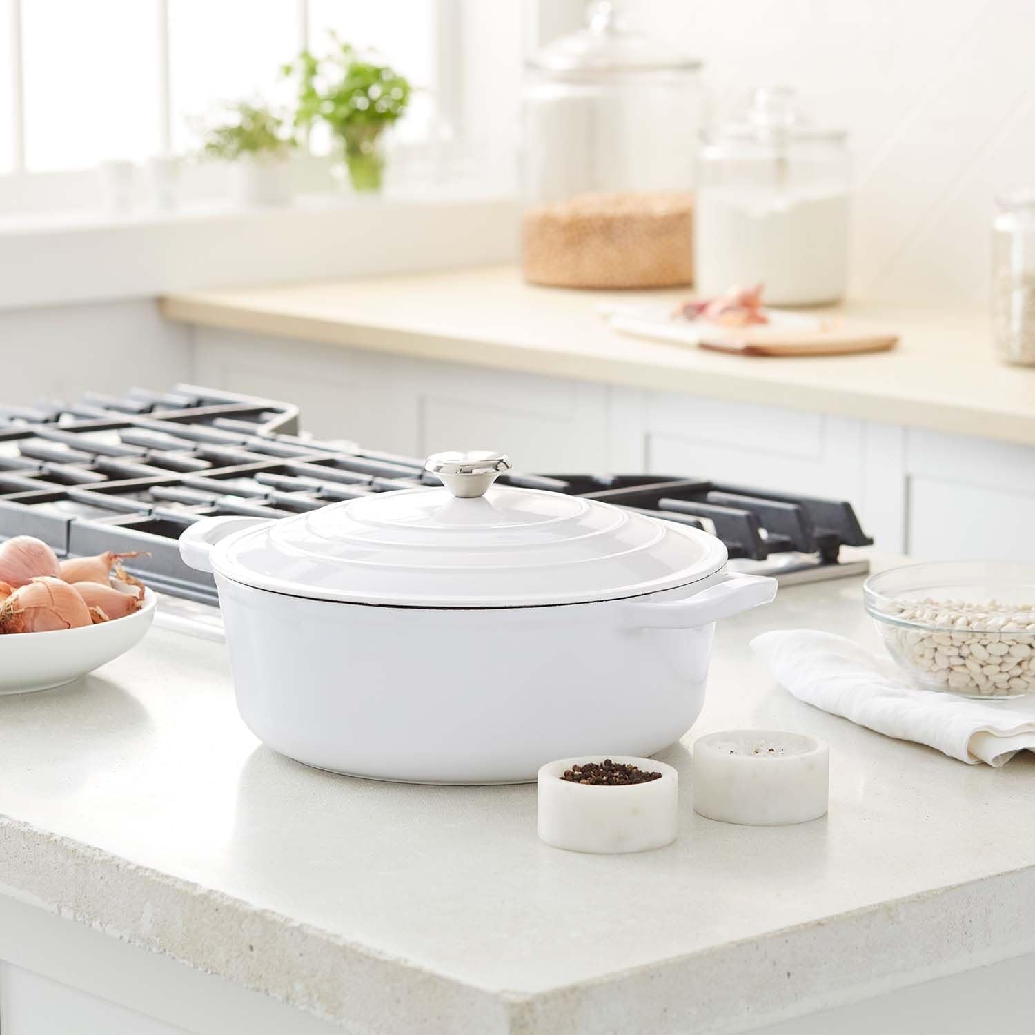 image:imageSur La Table 7Qt Enameled Cast Iron Dutch Oven With Lid for Braising Baking ampamp Deep Frying Induction Compatible Oven to 500F Seals in Moisture for Flavorful Results Light TealWhite