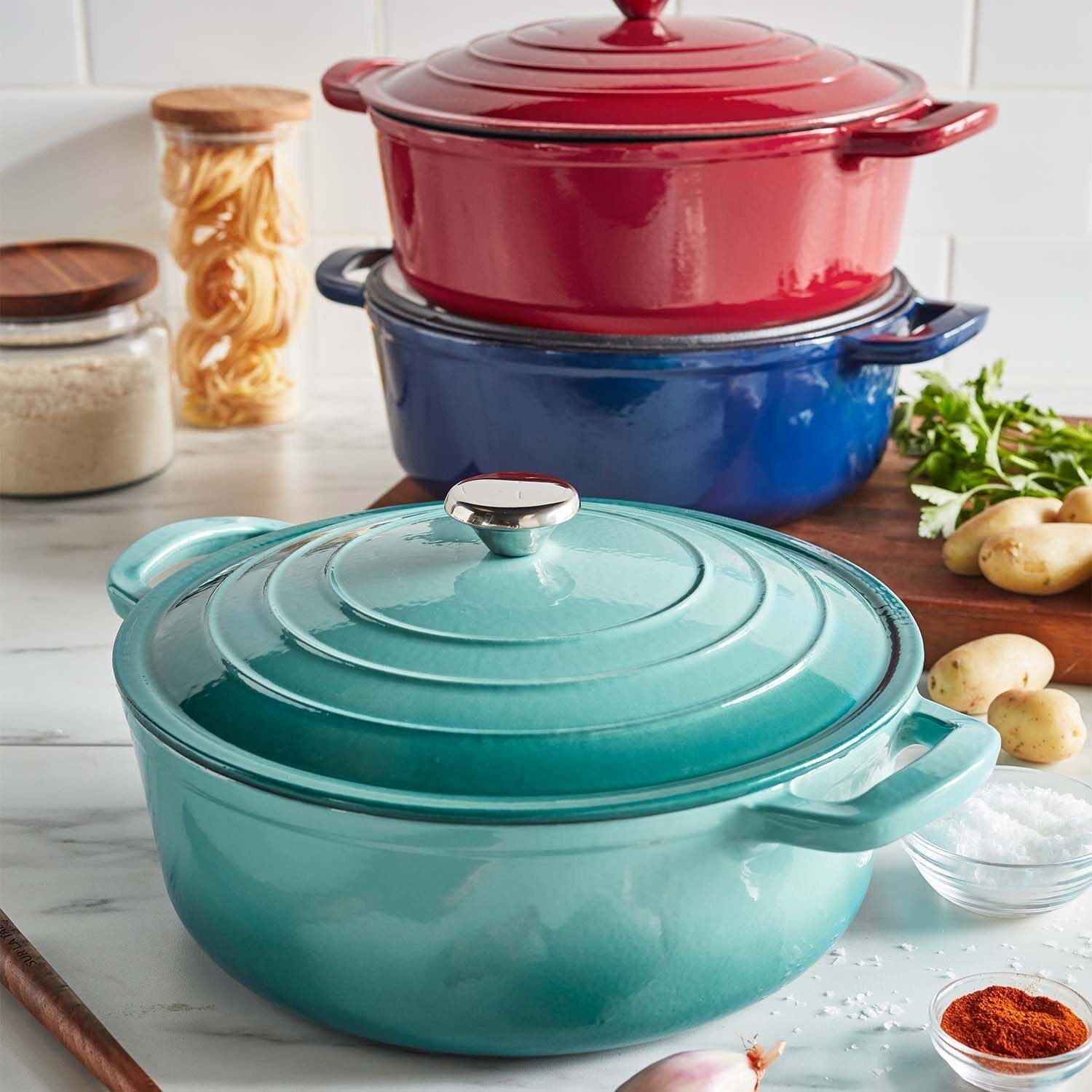 image:imageSur La Table 7Qt Enameled Cast Iron Dutch Oven With Lid for Braising Baking ampamp Deep Frying Induction Compatible Oven to 500F Seals in Moisture for Flavorful Results Light TealLight Blue
