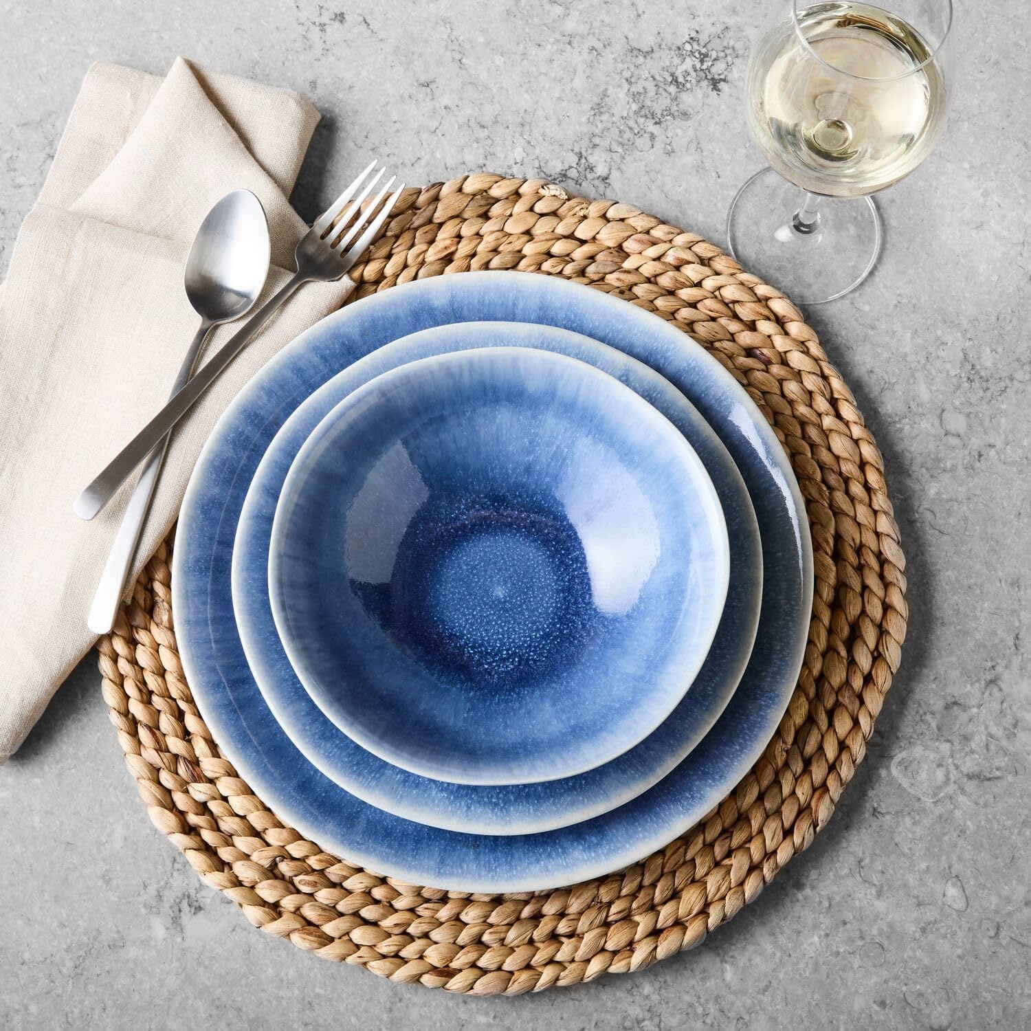 image:imageSur La Table Cloud Stoneware Dinnerware Set 12Piece Handcrafted Ceramic Collection Made in Portugal with Reactive Glaze Organic Design Dishwasher ampamp Microwave Blue