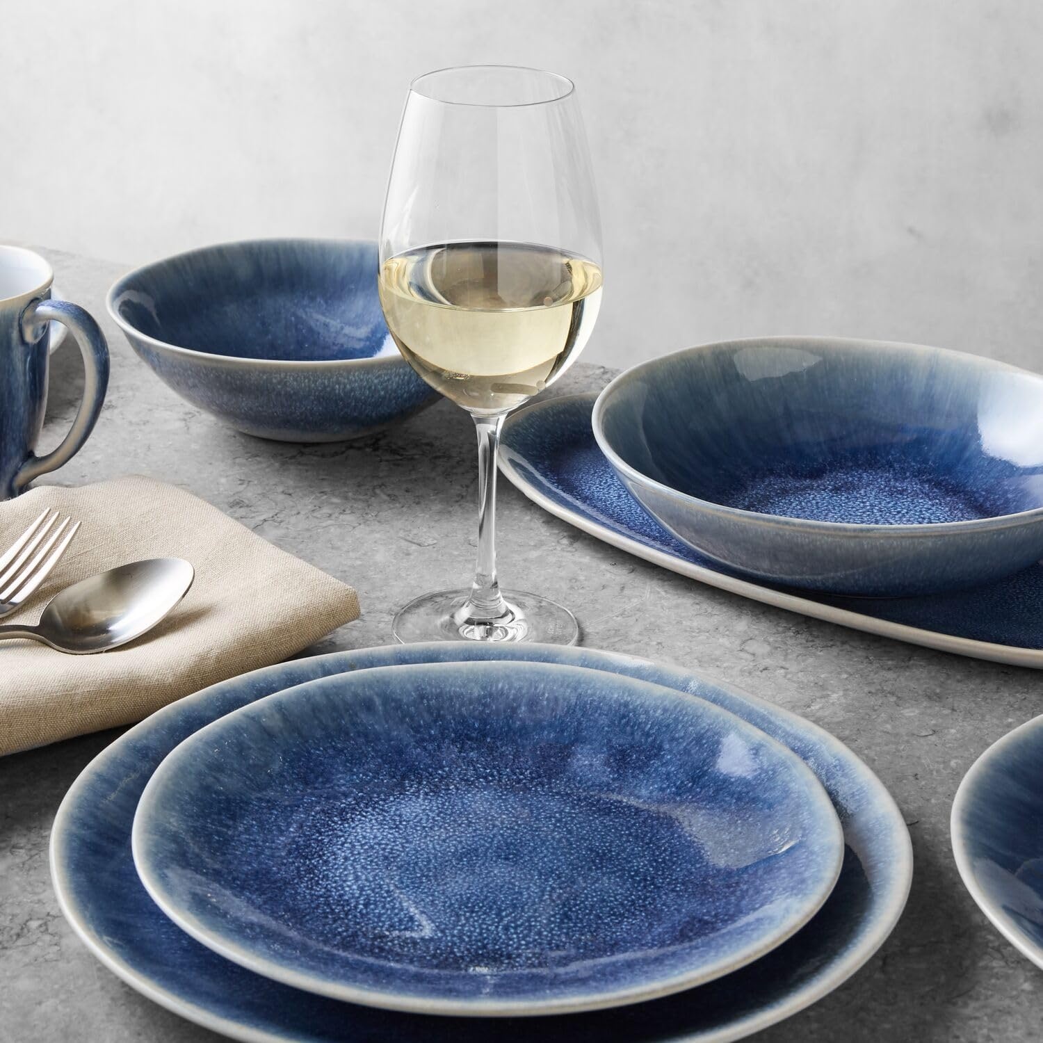 image:imageSur La Table Cloud Stoneware Dinnerware Set 12Piece Handcrafted Ceramic Collection Made in Portugal with Reactive Glaze Organic Design Dishwasher ampamp Microwave Blue