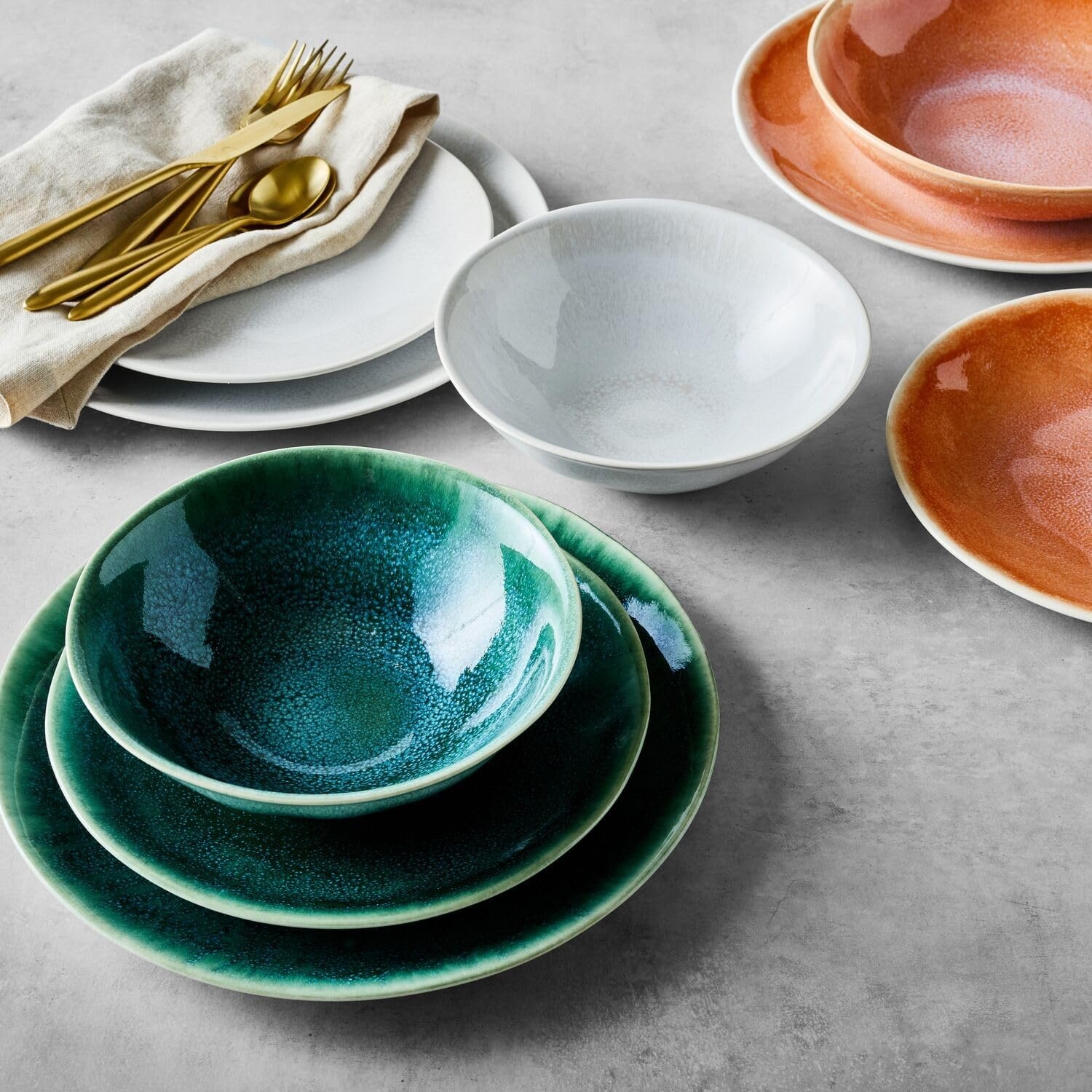 image:imageSur La Table Cloud Stoneware Dinnerware Set 12Piece Handcrafted Ceramic Collection Made in Portugal with Reactive Glaze Organic Design Dishwasher ampamp Microwave White