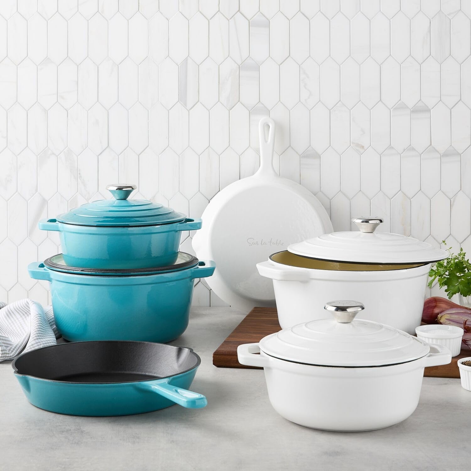 image:imageSur La Table Enameled Cast Iron Cookware Set Includes 5Qt ampamp 25Qt Dutch Ovens with Lids and 10quot Skillet Oven to 500F Induction Compatible Essential Starter Gift Set Light BlueLight Blue