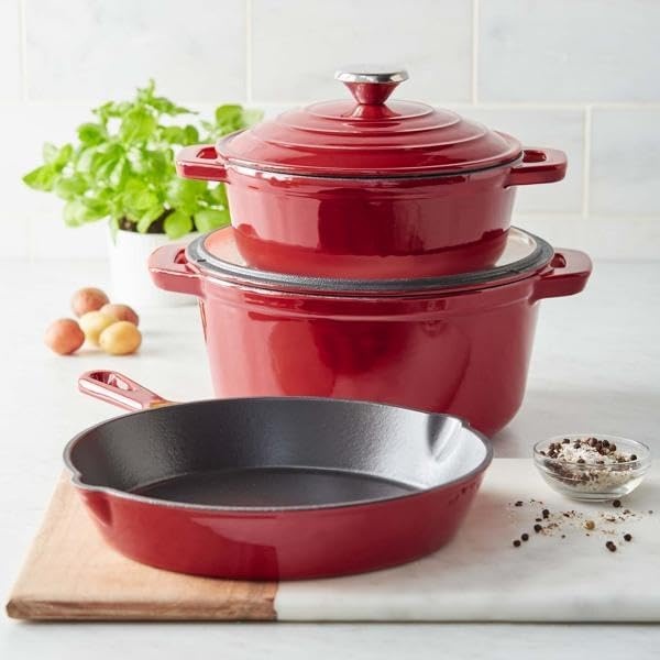 image:imageSur La Table Enameled Cast Iron Cookware Set Includes 5Qt ampamp 25Qt Dutch Ovens with Lids and 10quot Skillet Oven to 500F Induction Compatible Essential Starter Gift Set Light BlueRed