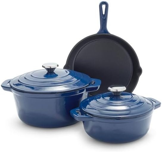 image:imageSur La Table Enameled Cast Iron Cookware Set Includes 5Qt ampamp 25Qt Dutch Ovens with Lids and 10quot Skillet Oven to 500F Induction Compatible Essential Starter Gift Set Light BlueRed