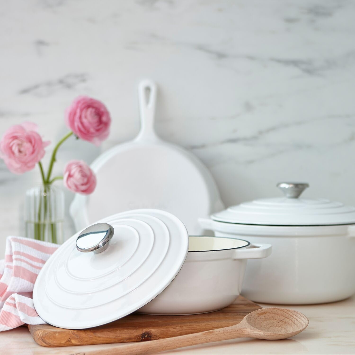 image:imageSur La Table Enameled Cast Iron Cookware Set Includes 5Qt ampamp 25Qt Dutch Ovens with Lids and 10quot Skillet Oven to 500F Induction Compatible Essential Starter Gift Set Light BlueWhite