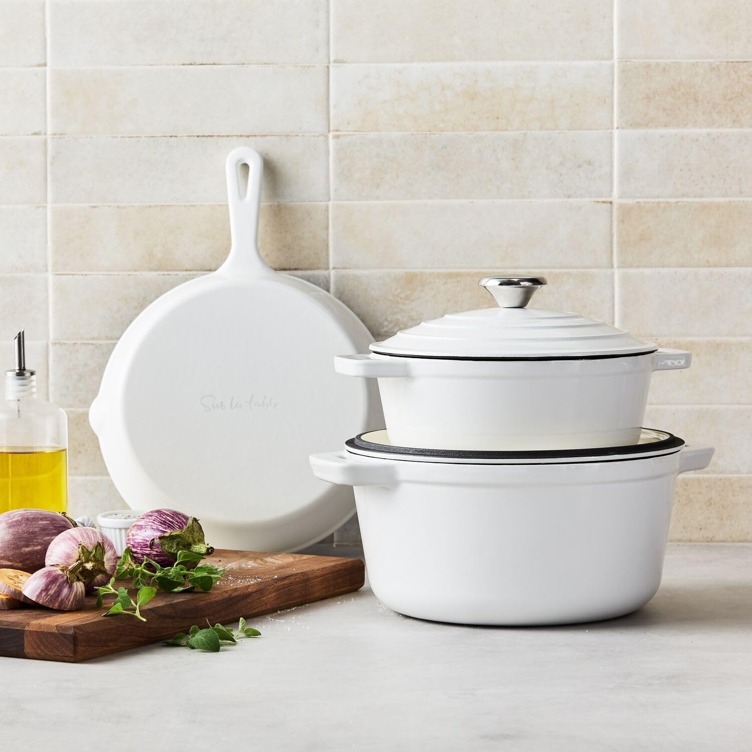 image:imageSur La Table Enameled Cast Iron Cookware Set Includes 5Qt ampamp 25Qt Dutch Ovens with Lids and 10quot Skillet Oven to 500F Induction Compatible Essential Starter Gift Set Light BlueWhite