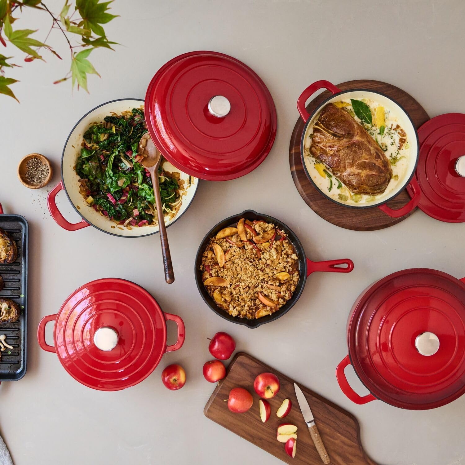 image:imageSur La Table Enameled Cast Iron Cookware Set Includes 5Qt ampamp 25Qt Dutch Ovens with Lids and 10quot Skillet Oven to 500F Induction Compatible Essential Starter Gift Set Light BlueRed