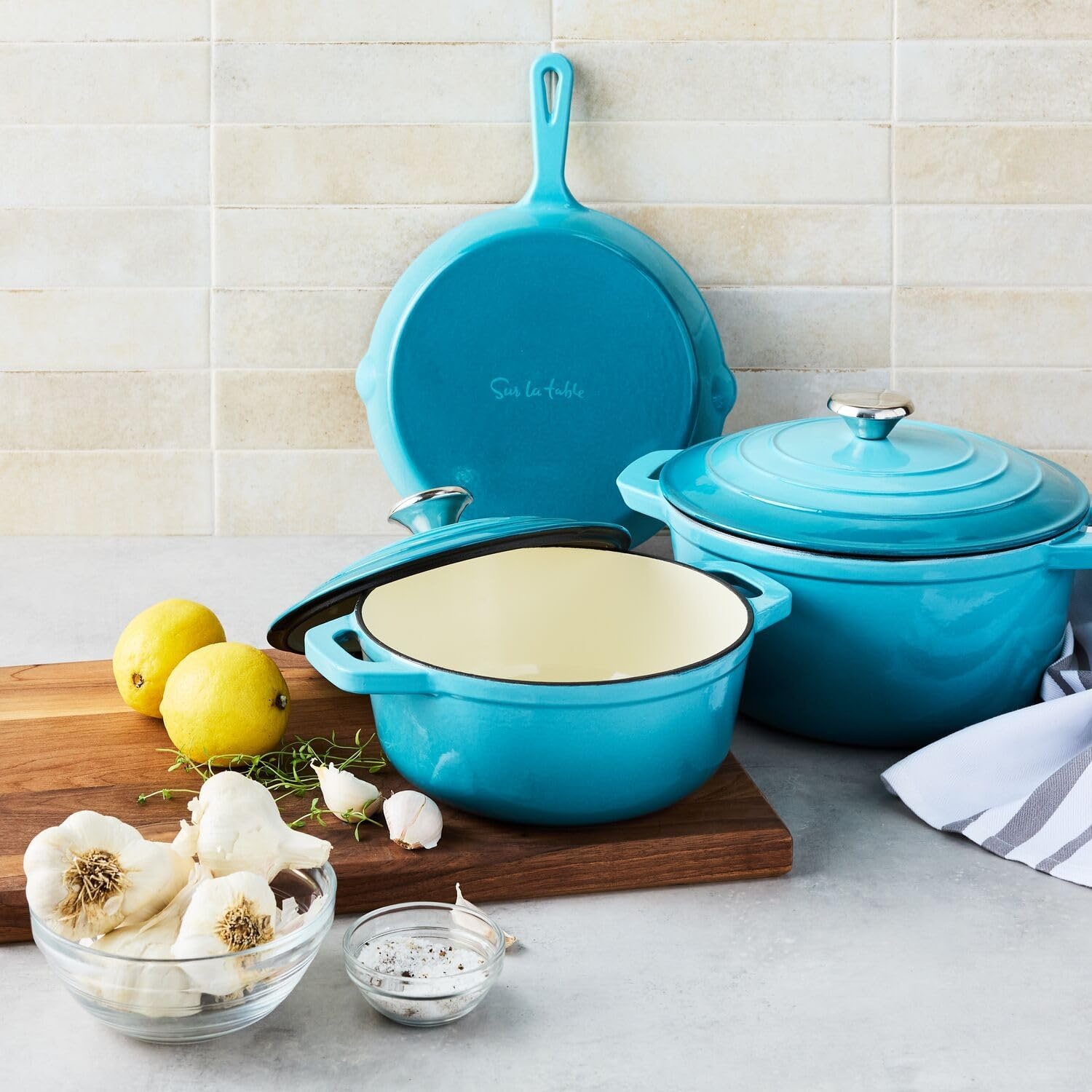 image:imageSur La Table Enameled Cast Iron Cookware Set Includes 5Qt ampamp 25Qt Dutch Ovens with Lids and 10quot Skillet Oven to 500F Induction Compatible Essential Starter Gift Set Light BlueLight Blue