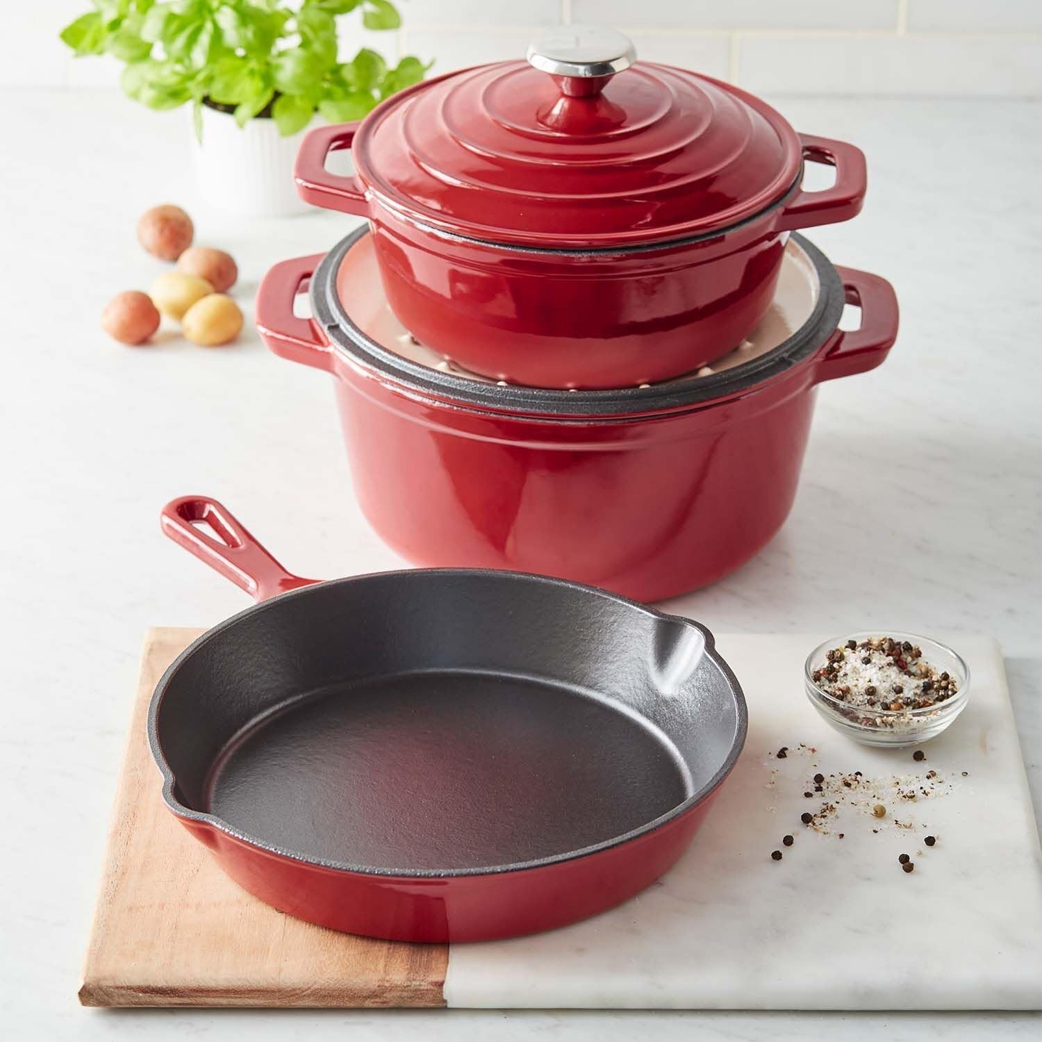 image:imageSur La Table Enameled Cast Iron Cookware Set Includes 5Qt ampamp 25Qt Dutch Ovens with Lids and 10quot Skillet Oven to 500F Induction Compatible Essential Starter Gift Set Light BlueRed