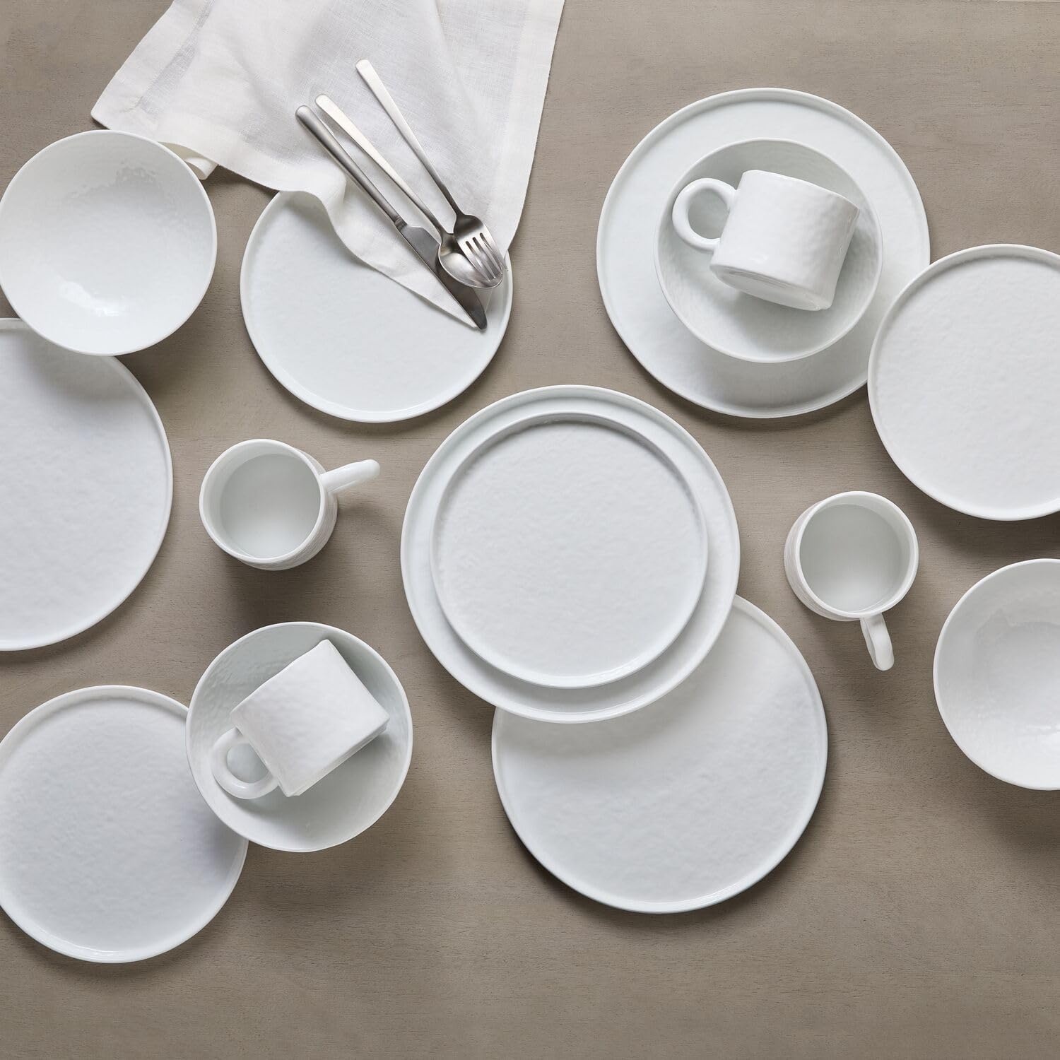 image:imageSur La Table White Porcelain Dinnerware Set 16Piece Service for 4 with Hammered Texture Includes Dinner Plates Salad Plates Cereal Bowls ampamp Mugs Microwave Oven ampamp Dishwasher