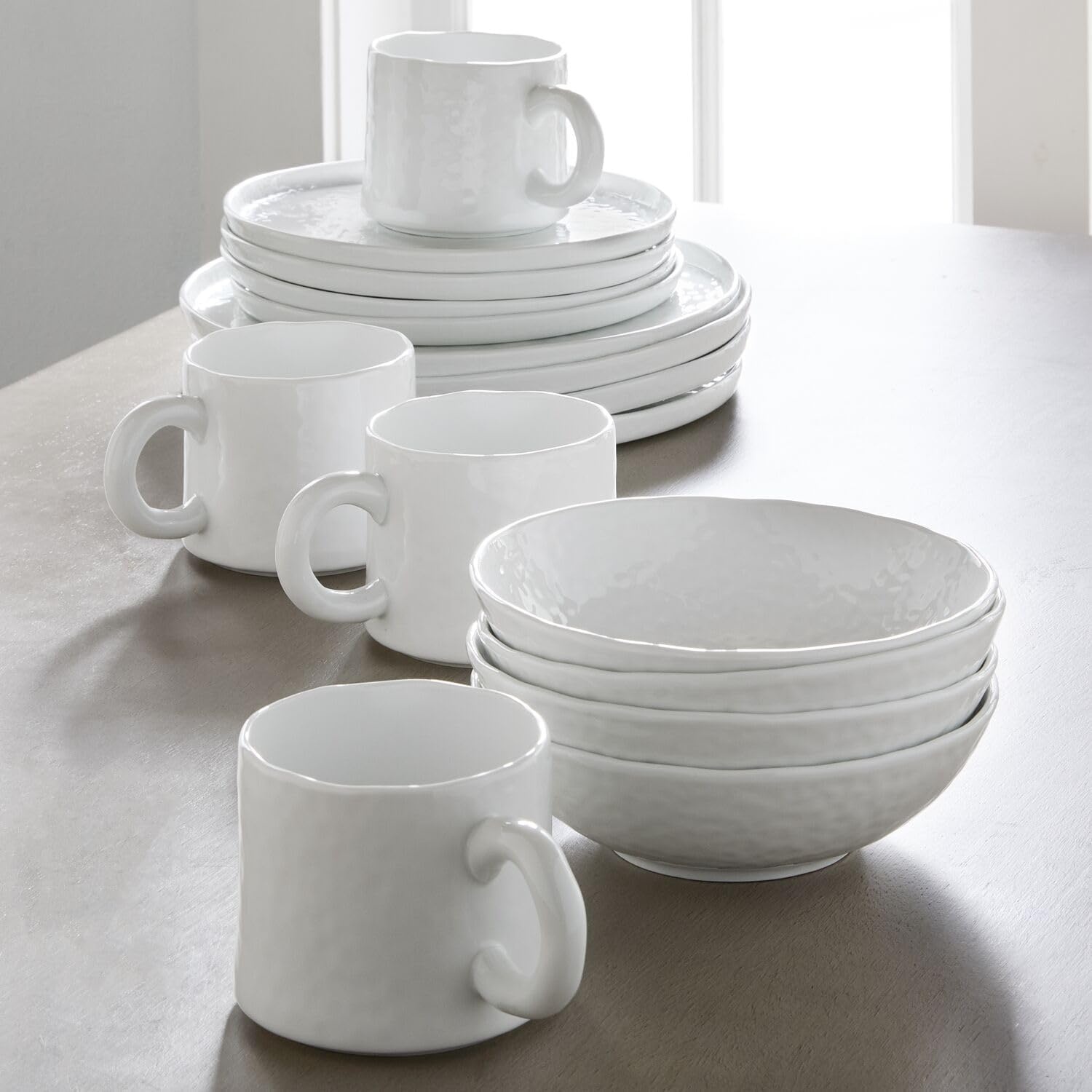 image:imageSur La Table White Porcelain Dinnerware Set 16Piece Service for 4 with Hammered Texture Includes Dinner Plates Salad Plates Cereal Bowls ampamp Mugs Microwave Oven ampamp Dishwasher