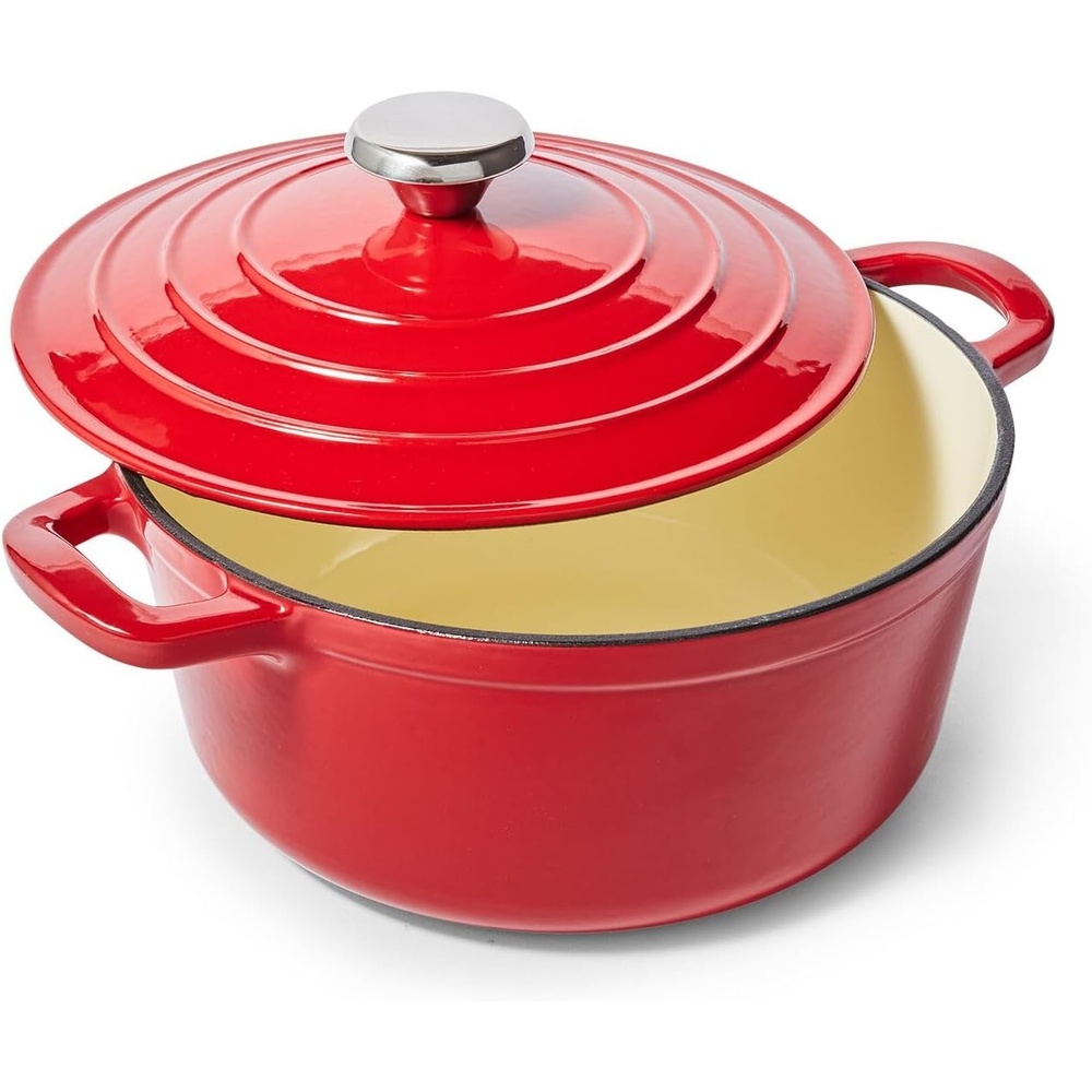 image:imageSur La Table 4Qt Enameled Cast Iron Dutch Oven Oven ampamp Broiler to 500F Induction Compatible with Lid for Braising Baking ampamp Deep Frying Nonstick Interior WhiteRed