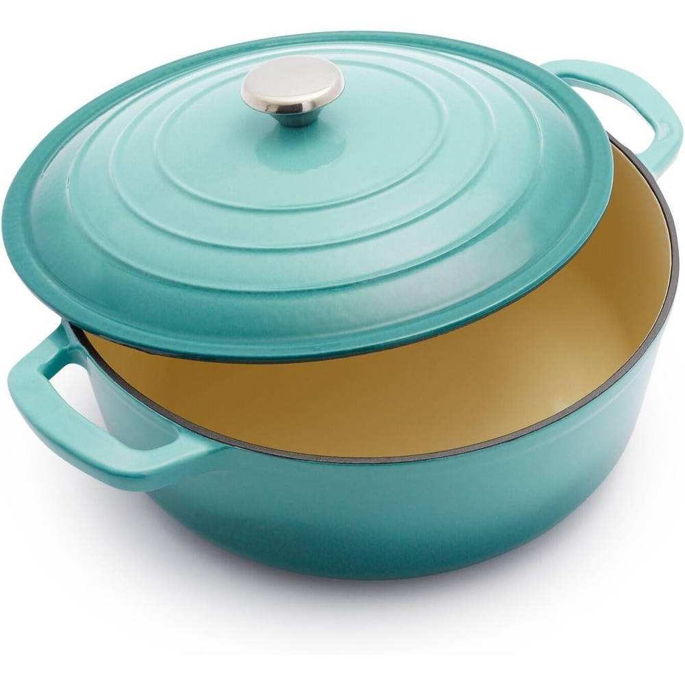 image:imageSur La Table 7Qt Enameled Cast Iron Dutch Oven With Lid for Braising Baking ampamp Deep Frying Induction Compatible Oven to 500F Seals in Moisture for Flavorful Results Light TealLight Blue