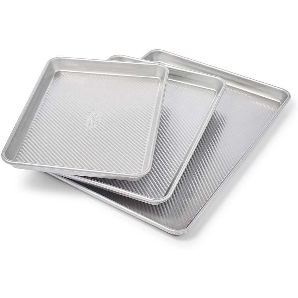 image:imageSur La Table Commercial Baking Pan Set  3Piece Aluminized Steel Pans 14 Pan 12 Pan Jelly Roll Pan with Fluted Corrugated Design for Even Heating Rust ampamp Warp Resistant Nonstick Silicone