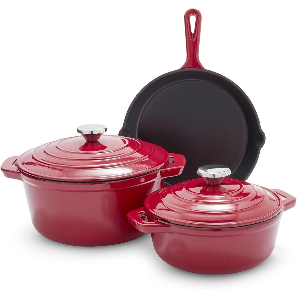 image:imageSur La Table Enameled Cast Iron Cookware Set Includes 5Qt ampamp 25Qt Dutch Ovens with Lids and 10quot Skillet Oven to 500F Induction Compatible Essential Starter Gift Set Light BlueRed