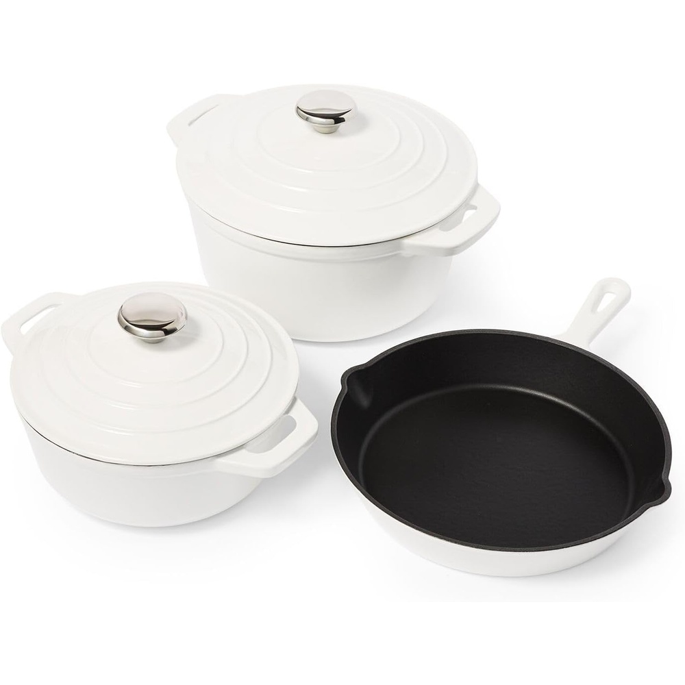 image:imageSur La Table Enameled Cast Iron Cookware Set Includes 5Qt ampamp 25Qt Dutch Ovens with Lids and 10quot Skillet Oven to 500F Induction Compatible Essential Starter Gift Set Light BlueWhite