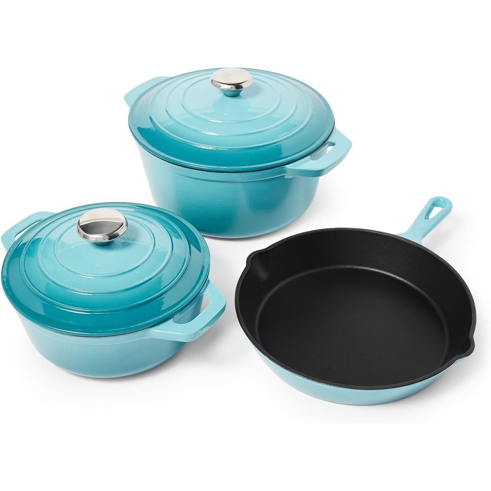 image:imageSur La Table Enameled Cast Iron Cookware Set Includes 5Qt ampamp 25Qt Dutch Ovens with Lids and 10quot Skillet Oven to 500F Induction Compatible Essential Starter Gift Set Light BlueLight Blue
