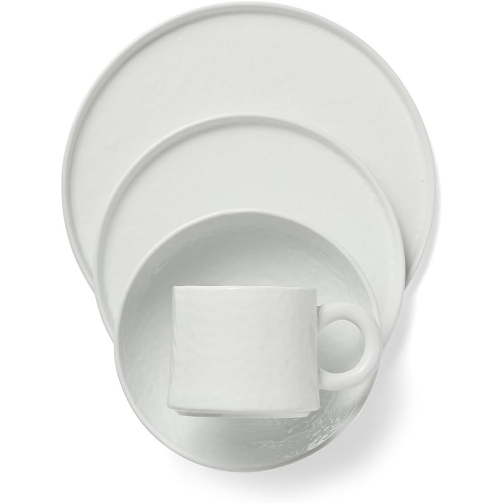 image:imageSur La Table White Porcelain Dinnerware Set 16Piece Service for 4 with Hammered Texture Includes Dinner Plates Salad Plates Cereal Bowls ampamp Mugs Microwave Oven ampamp Dishwasher