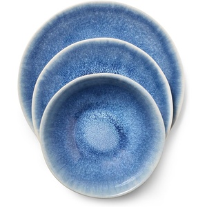 Sur La Table Cloud Stoneware Dinnerware Set – 12-Piece Handcrafted Ceramic Collection Made in Portugal with Reactive Glaze, Organic Design, Dishwasher & Microwave, Blue